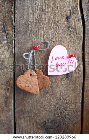 Heart shape Saint Valentine\'s gingerbread Cookies and cup of coffee with text ??\