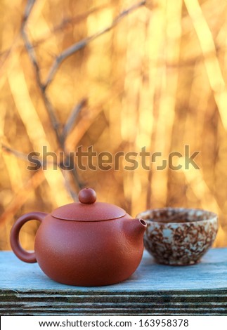 Traditional chinese tea ceremony accessories (tea pot and tea cup) on the old wooden table with a beautiful autumn background, selective focus on tea pot