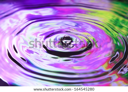 Photo art, Water drop on the water, colorful background (green, yellow, pink and violet)