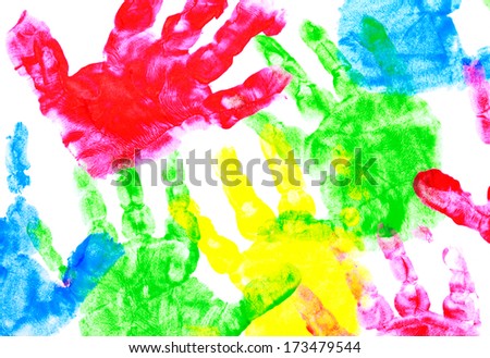 Multicolored painted hand prints on a white background (red, yellow, blue and red colors)