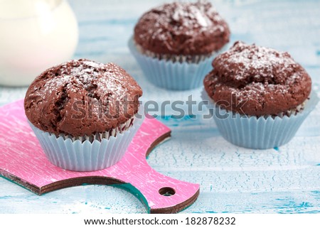 Freshly baked homemade chocolate muffins with powdered sugar and jug with milk on the light blue table, selective focus