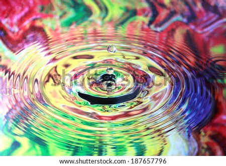Photo art, Water drop and circles on on the water, colorful background in green, blue, red and yellow colors, selective focus on drop
