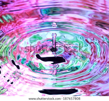 Photo art, Water drop and circles on on the water, colorful background in blue, green and pink colors, selective focus