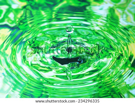 Photo art, Water drop falling into the water, colorful background in green color