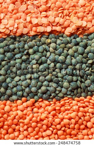 Background of dry lentil different varieties and colors: red, green french lentils, red football