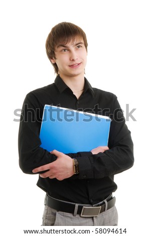 Young man with docs. Isolated over white.