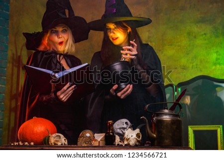 Photo of smiling two witches in black hats reading book at table with pumpkin and skulls