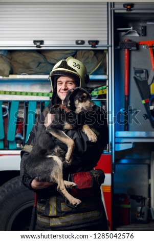 Photo of young fireman in helmet with dog on background of fire truck