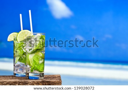 Cocktail Mojito Ice Lemon Straws In Tropical Beach Islands Against A Background