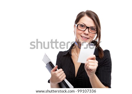 Woman with blank id card. Isolated over white.