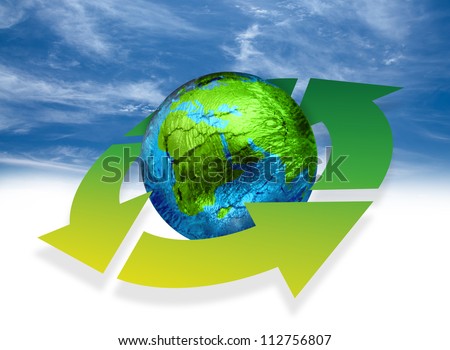 eco world - Processed image of Earth into recycle symbol over a blue sky