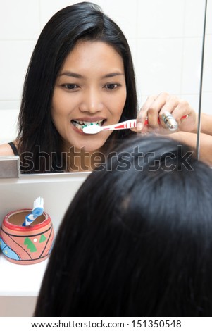 woman clean teeth tooth-brush in bathroom