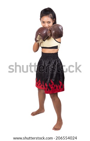 Female Muay Thai fighter posing on white background