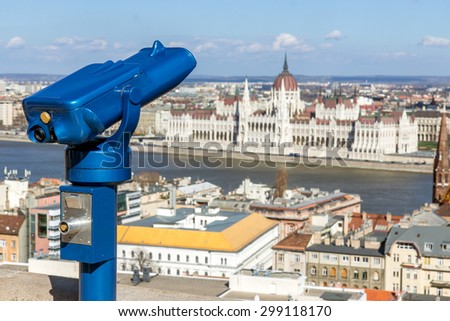 Observation deck with binoculars, view of Budapest city, Hungary