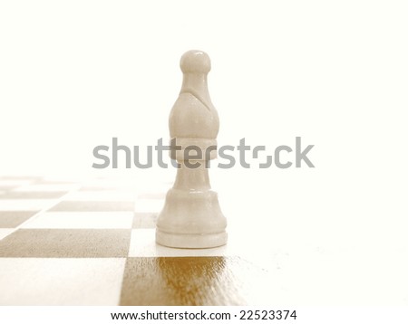 White bishop on the chess board. On a blank background.