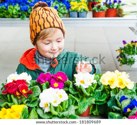 Cute toddler boy choosing flowers in a flower shop on a nice spring day