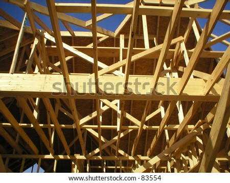 New house construction showing ceiling and rafters.