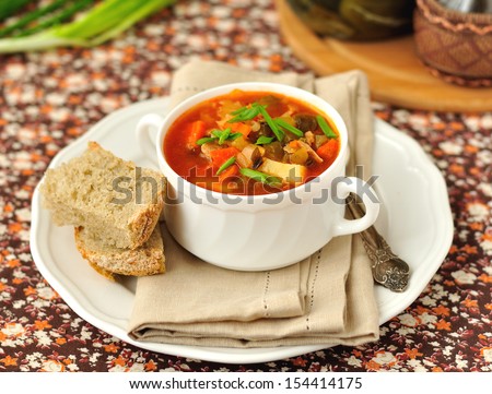 Russian style soup rassolnik, traditional Russian soup with meat and pickled cucumbers, copy space for your text