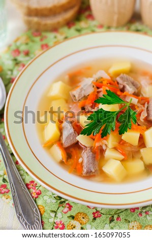 Russian Sauerkraut Soup, Shchi (Stchi) with Turkey, close up
