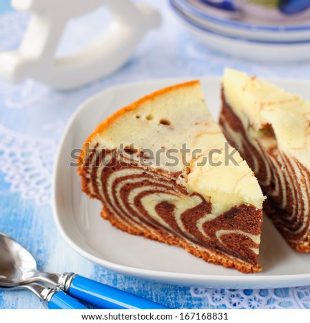 Pieces of Marble Cake (Zebra Cake), copy space for your text, square