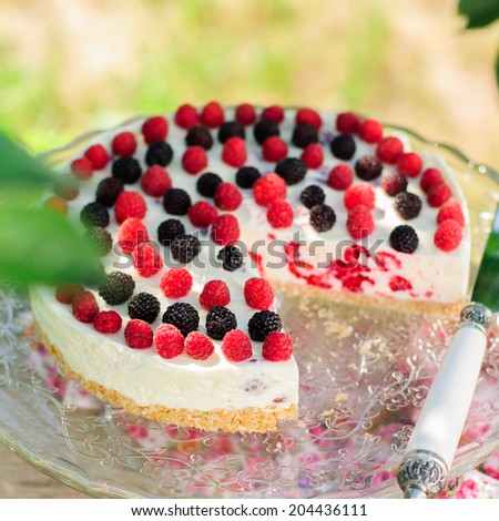 No-bake Fresh Raspberry Cheesecake with Red and Black Raspberries, Summer Cake, copy space for your text, square