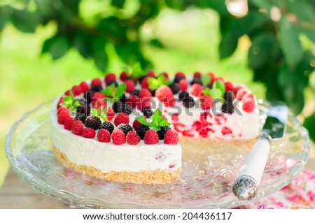 No-bake Fresh Raspberry Cheesecake with Red and Black Raspberries and Melissa, Summer Cake