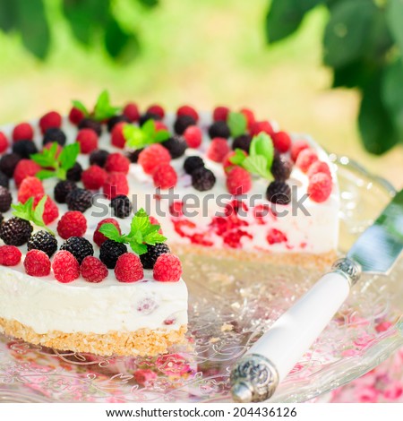 No-bake Fresh Raspberry Cheesecake with Red and Black Raspberries and Melissa, Summer Cake, copy space for your text, square