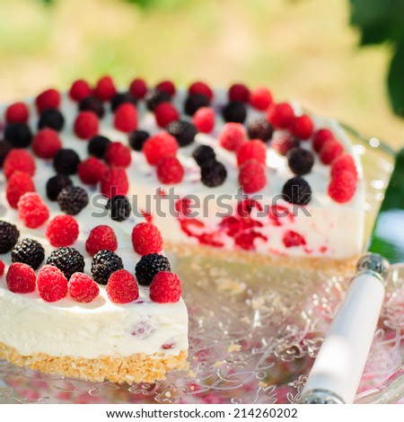 No-bake Fresh Raspberry Cheesecake with Red and Black Raspberries, Summer Cake, copy space for your text, square, close up