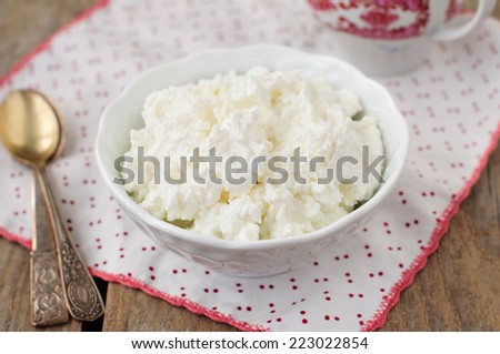 Homemade Cottage Cheese (Quark, Cream Cheese, Curd) in a White Bowl, Healthy Breakfast, copy space for your text