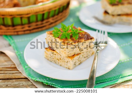 Savory Cheesecake (Cottage Cheese Bake) with Herbs (Dill, Parsley and Chives), copy space for your text