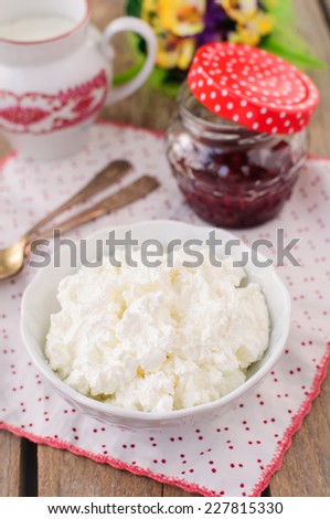 Homemade Cottage Cheese (Quark, Cream Cheese, Curd) in a White Bowl with Raspberry Jam, Healthy Breakfast, copy space for your text