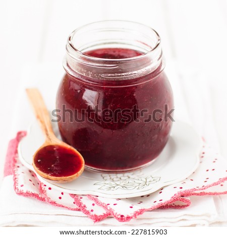 Plum Jam Made in Slow Cooker (Crock Pot, Multicooker), square, copy space for your text