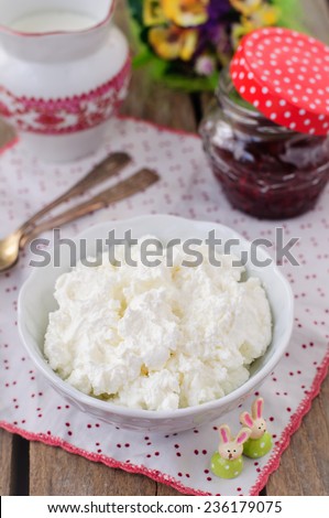 Homemade Cottage Cheese (Quark, Cream Cheese, Curd) in a White Bowl with Raspberry Jam, Healthy Breakfast, copy space for your text