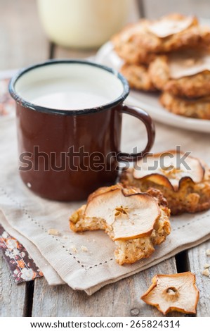 Apple Oat Cookies with a Mug of Milk, One Cookie Bitten
