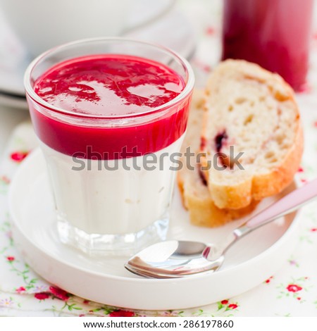 Greek Yogurt with Berry Sauce and Slices of Sweet Bread, Healthy Breakfast, square