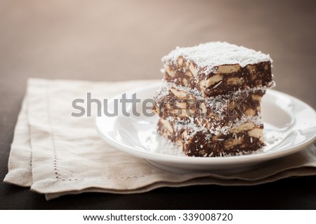 Chocolate Coconut Slice with Biscuits, Stacked, vintage effect