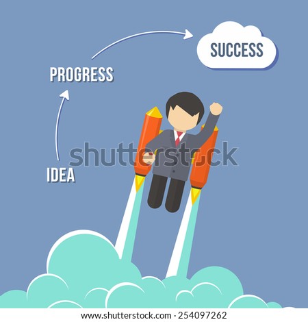 Businessman Flying On the Rocket To Success. Flat style vector infographic illustration