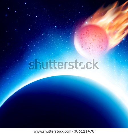 View from space of meteor approaching planet before collision. Fiery comet in atmosphere. Vector illustration. Abstract background. Scenic view of armageddon or apocalypse