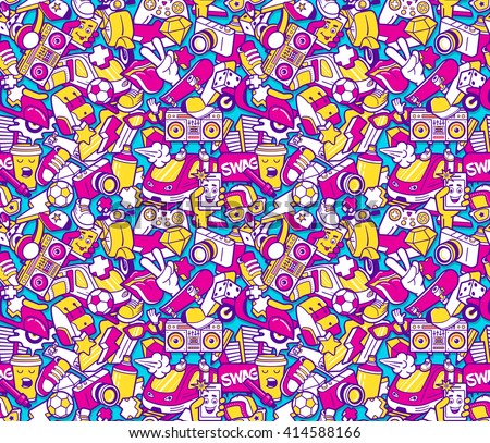 Graffiti seamless pattern with urban lifestyle line icons. Crazy doodle seamless abstract background. Trendy linear style graffiti collage with bizzare street art elements. Vector seamless pattern