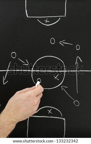 Top view of a football coach hand drawing strategy plan on chalkboard.