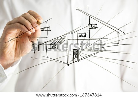 Architect Drawing Architectural House Plan On Virtual Screen.