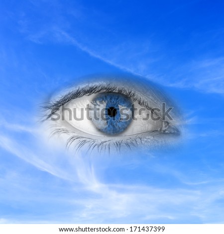 Conceptual image depicting - Save planet earth - with an eye in blue sky depicting awareness, responsibility, watching over and protecting nature and a clean pure environment