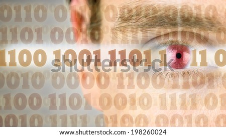 Binary code with close up of human eye in the background.