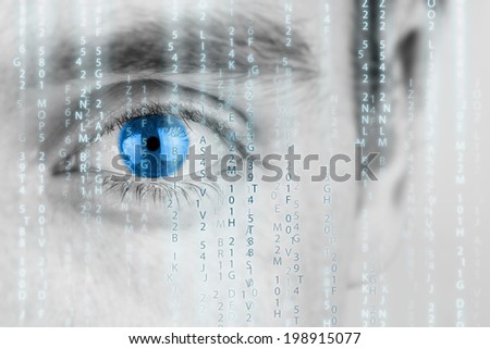 Futuristic image with human eye with blue iris and matrix texture.