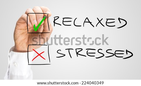 Check Box with Relaxed and Stressed Choices. One Hand Checking Relaxed Option. Isolated on Gray Background.