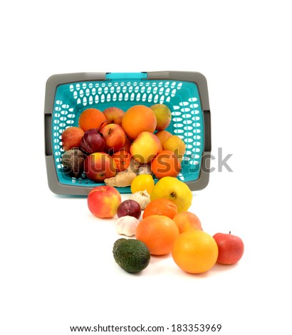 Blue plastic shopping basket full of groceries. Close up on plastic market basket turned over on the ground isolated on white.
