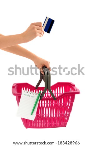 Woman hand holding a market basket with a shopping list and a credit card. Modern woman going to the market and making a list before concept. Isolated on white.