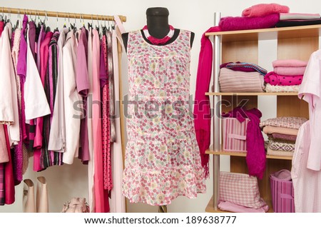 Dressing closet with pink clothes arranged on hangers and shelf, close up on outfit on a mannequin. Wardrobe full of all shades of pink clothes and accessories.