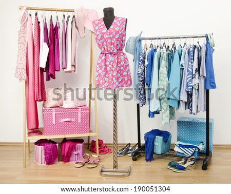 Dressing closet with pink and blue clothes arranged on hangers and an outfit on a mannequin. Wardrobe full of all shades of blue and pink clothes, shoes and accessories.