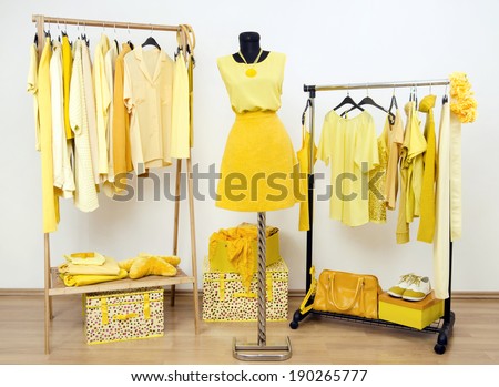 Dressing closet with yellow clothes arranged on hangers and an outfit on a mannequin. Wardrobe full of all shades of yellow clothes, shoes and accessories.